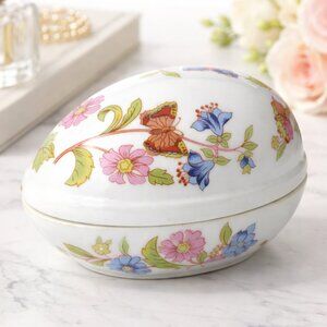 Vintage MANN Korea Country Butterfly Porcelain Egg Trinket Box Floral Design